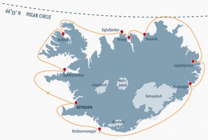 Karta kryssning rund Island